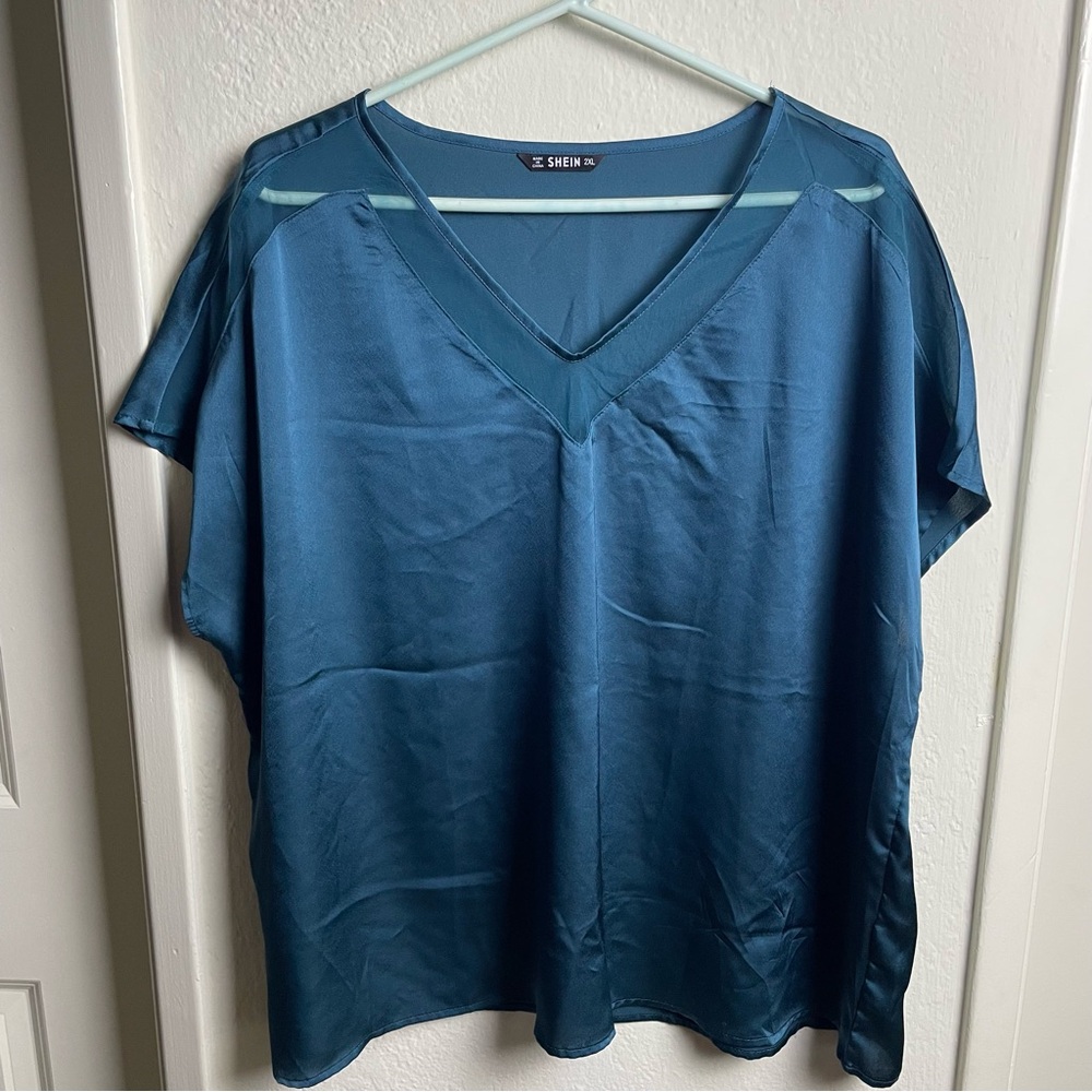 SHEIN Shirt Women’s 2XL Top Teal Sheer Insert Short Sleeve V Neck 100% Polyester